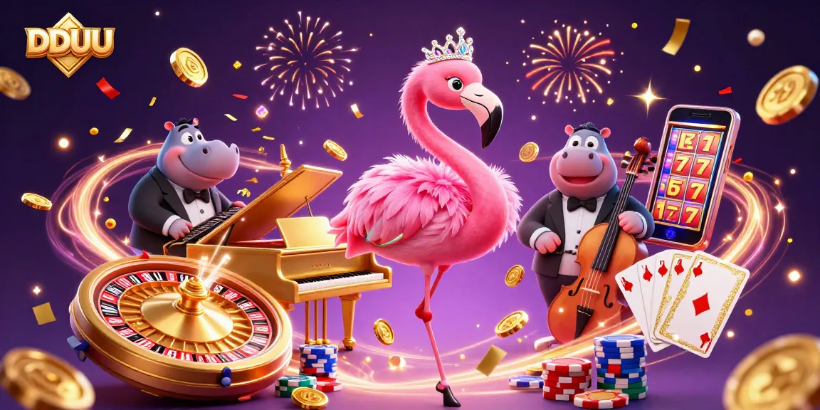Engage with DDUU's vibrant casino scene, featuring flamingo singer and hippo bassist amidst spinning roulette and golden coins.