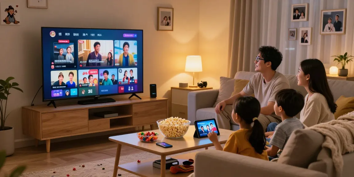 Família unida assistindo IPTV em casa com uma grande TV.