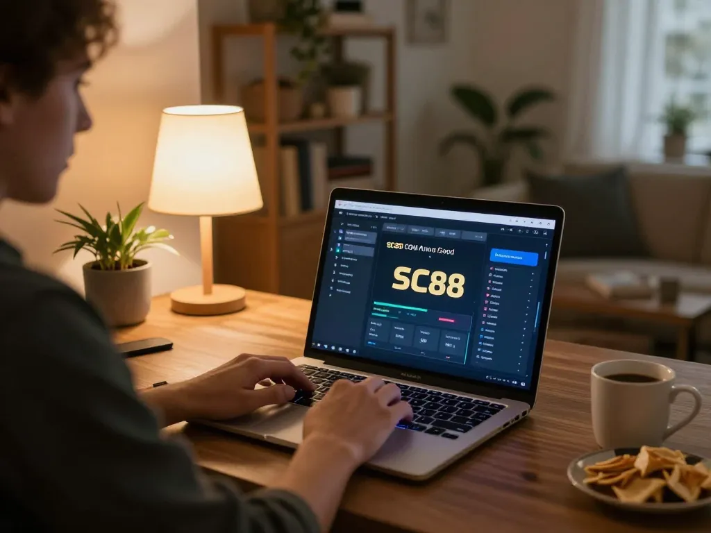 Engaging moment using SC88 COM online casino platform with inviting home setup and gaming interface.