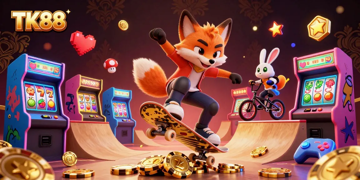 TK88 poker-themed 3D illustration with a skateboarder fox and BMX-riding rabbit in an exciting casino scene.