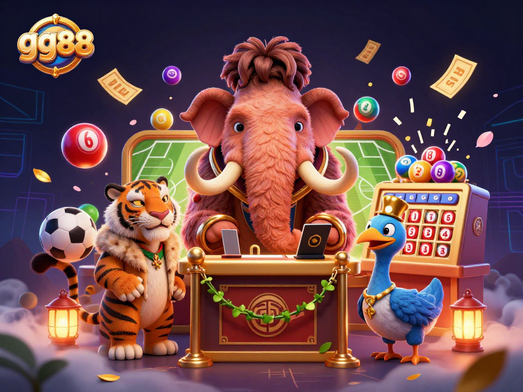 Experience thrilling sports betting at gg88 with a 3D cartoon mammoth checking IDs amidst a vibrant casino atmosphere.