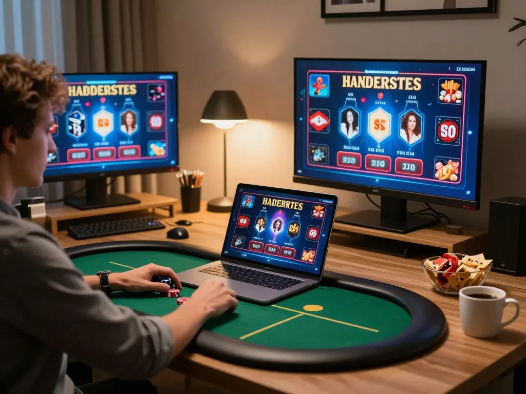 Player engaging in strategic online gaming at king33 with a vibrant laptop setup