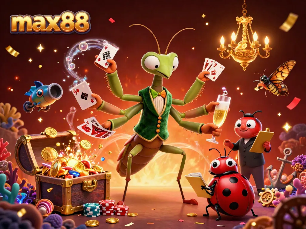 Experience max88 with vibrant casino-themed 3D illustration showcasing exciting gaming elements.