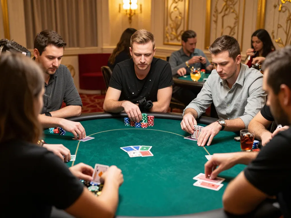 Jogoluck players engaged in an exciting poker game, showcasing strategy and camaraderie in a luxury setting.