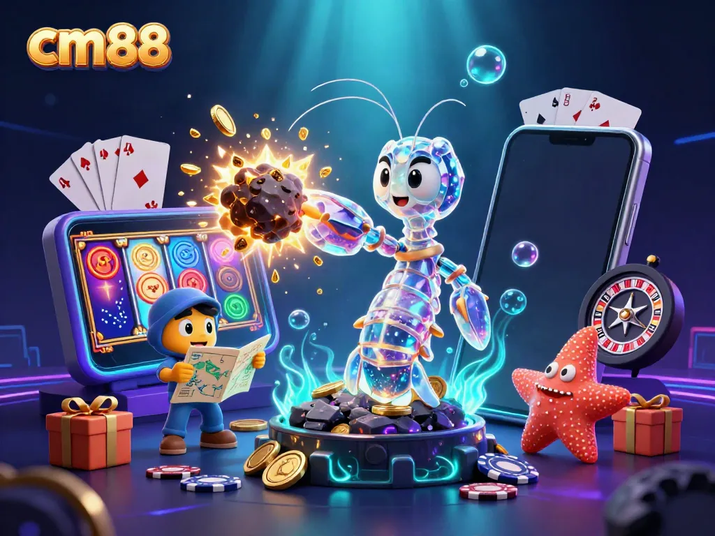 Play at cm88 with colorful slot games, golden coins, and vibrant casino energy.
