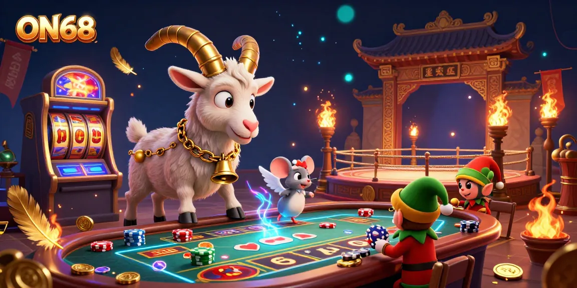 ON68's festive casino features an energetic scene with Krampus overseeing gameplay, as gremlins steal chips amidst glowing lights.
