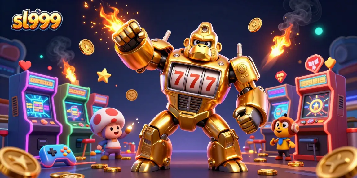 Aproveite a emoção do jogo sl999 com um gorila mecânico de ouro rodeado de máquinas 3D coloridas.