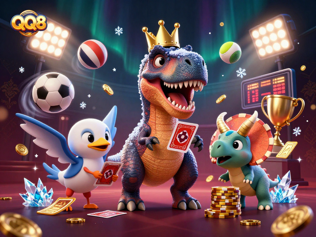 Experience the fun of QQ88 with T-Rex shuffling cards and vibrant casino elements.
