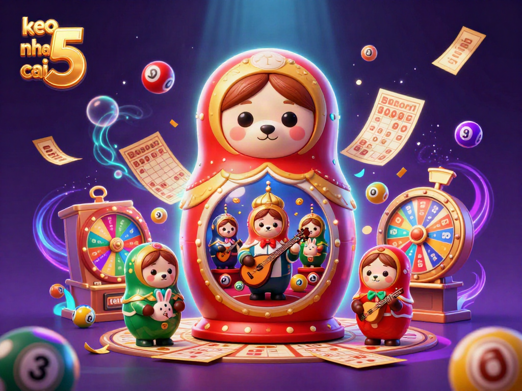 Engage with keo nha cai 5 as Matryoshka bears showcase dynamic casino elements like lottery balls and prize wheels.
