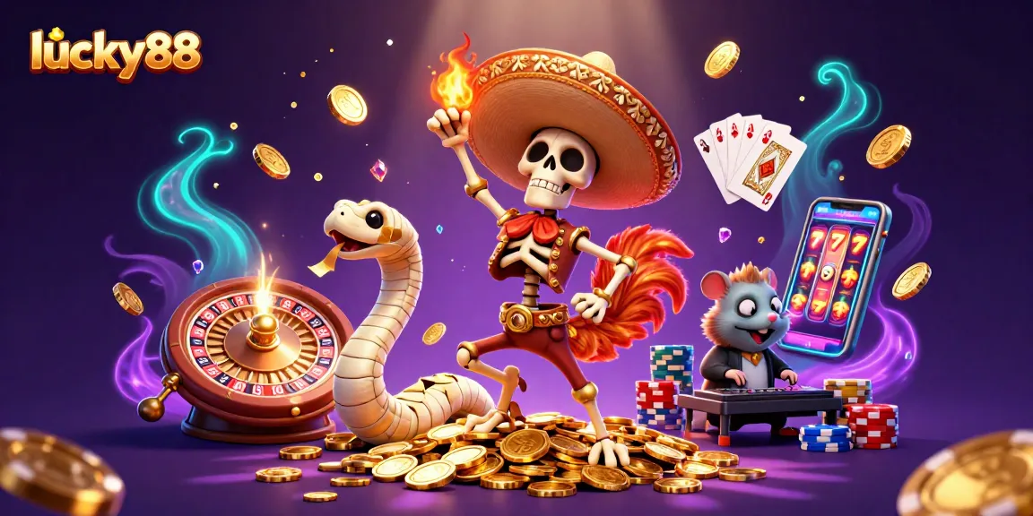 Experience the thrill of winning at lucky88 with vibrant casino characters and dynamic elements.