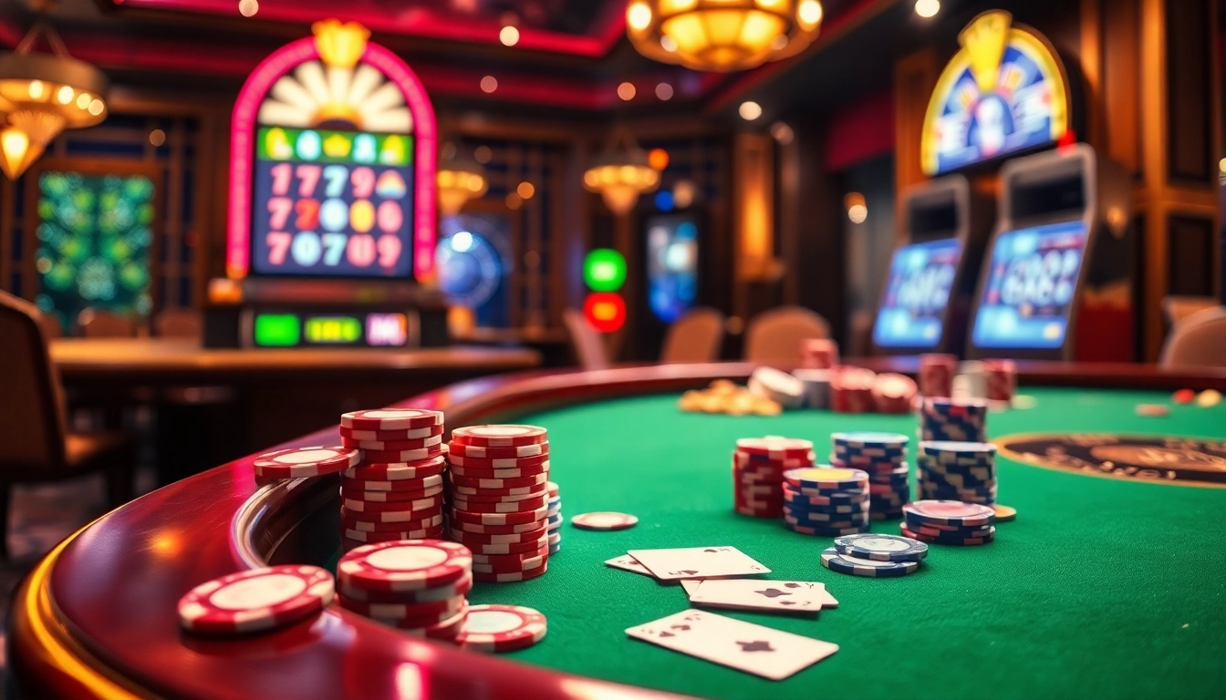Engaging gamblers at a luxury table with go8 poker chips and vibrant slot machines.