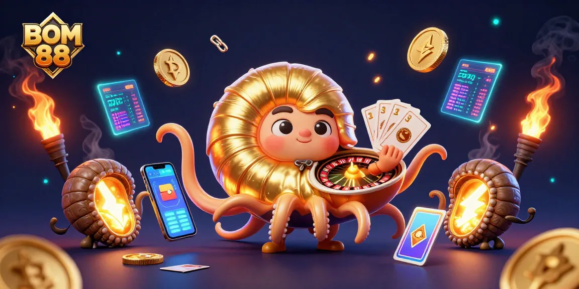 Experience BOM 88's thrilling games with a nautilus-themed roulette and glowing cryptocurrency elements.