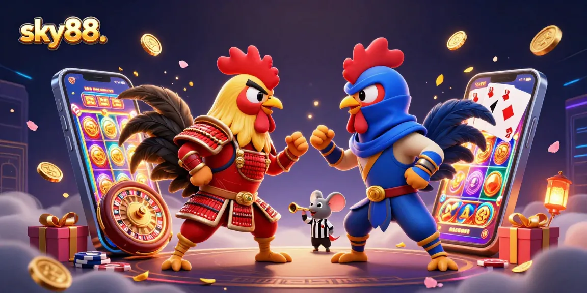 Join the excitement at sky88. with dynamic roosters battling amid thrilling casino elements.