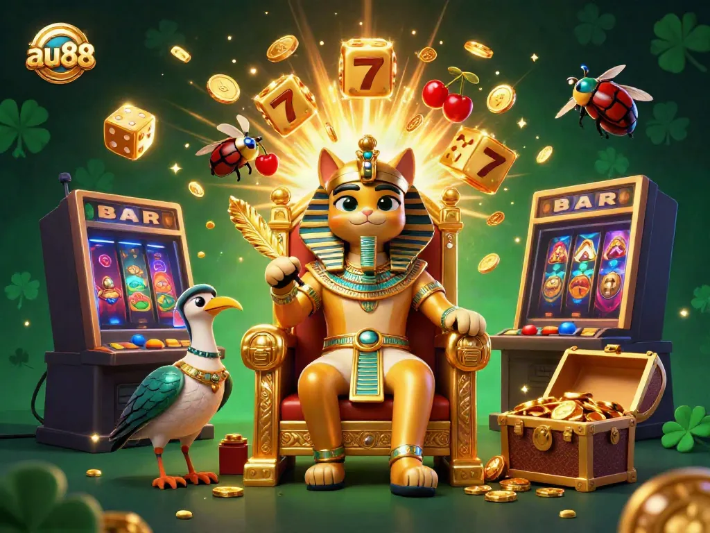 Experience the excitement of au88 with a jackpot explosion and vibrant casino elements in a colorful illustration.