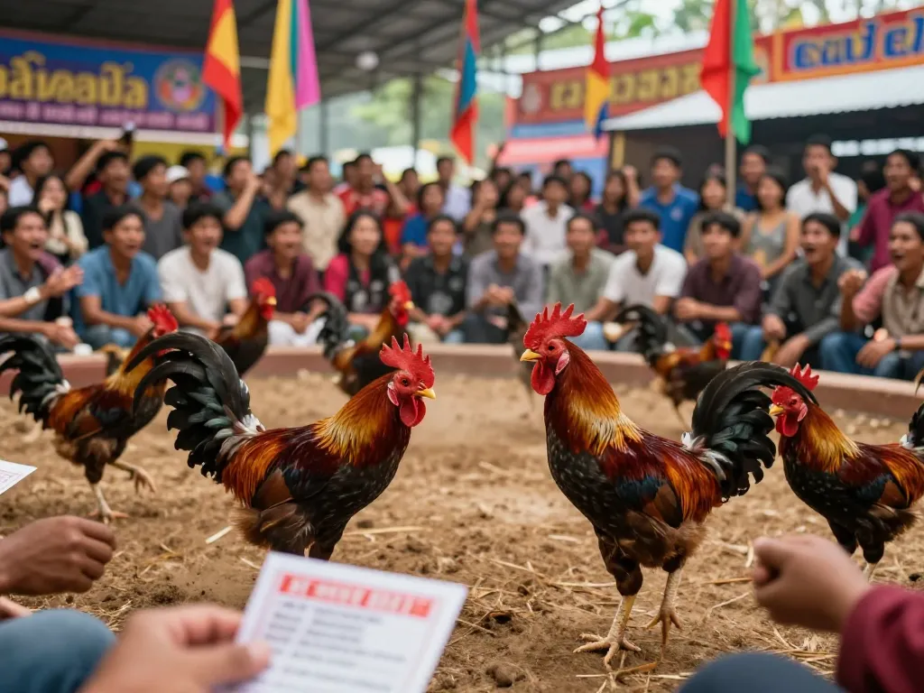 Exciting đá gà mm88 match showcasing competitive roosters amid a cheering crowd, emphasizing betting atmosphere.