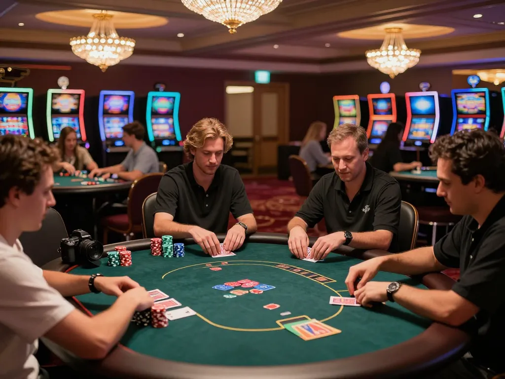 Players engaged in a poker game at 99ok casino, showcasing vibrant gaming atmosphere and dealer action.