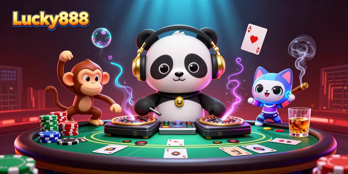 Experience the thrilling adventures at Lucky888 with vibrant characters in a bustling casino scene.