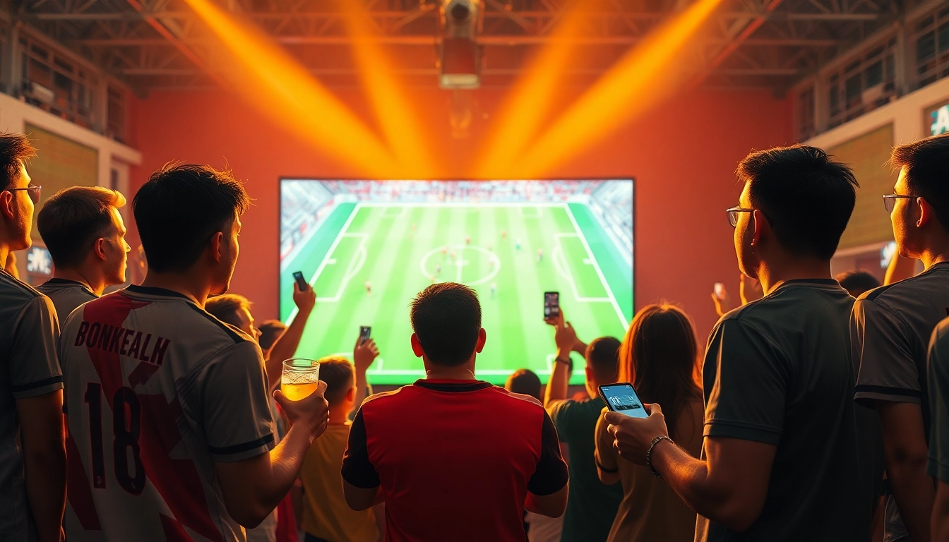 Lương Sơn TV football streaming scene with enthusiastic fans watching a live match on a large screen.