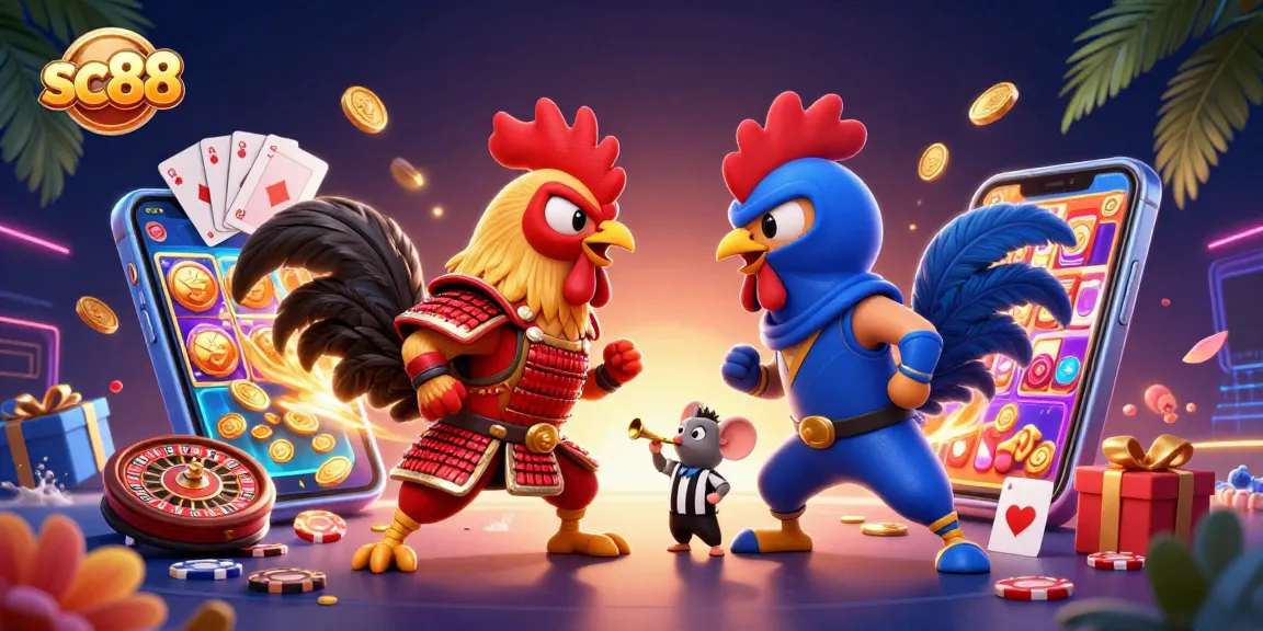 Engage with sc88 as cartoon roosters face off in a vibrant, dynamic casino scene packed with action