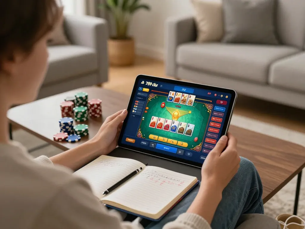 Engaging online gaming experience at 789 club with player focused on tablet in cozy ambiance.