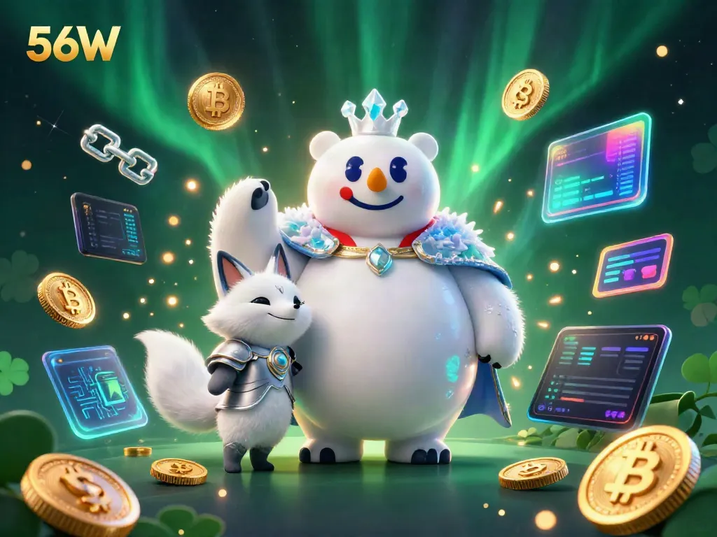 Experience thrilling gaming at 56W with a polar bear and fox amidst shining crypto coins.