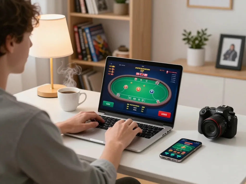 Player enjoying an online poker match on 688V while sipping coffee, showcasing strategic gameplay