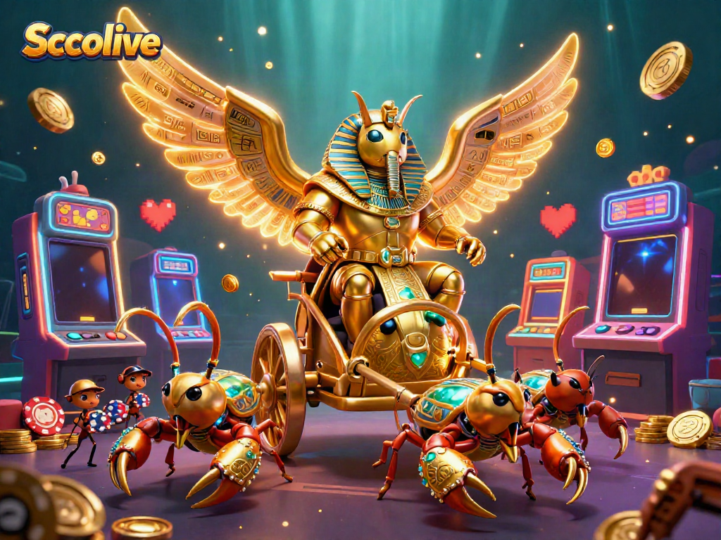 Socolive showcases thrilling casino action with a colossal golden scarab beetle and vibrant slot machines.