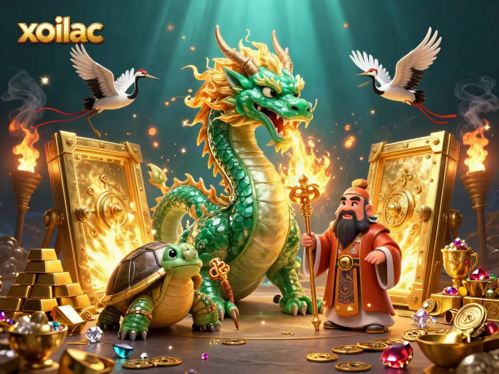 Experience xoilac with vibrant golden treasures and a majestic dragon in a dynamic 3D scene.