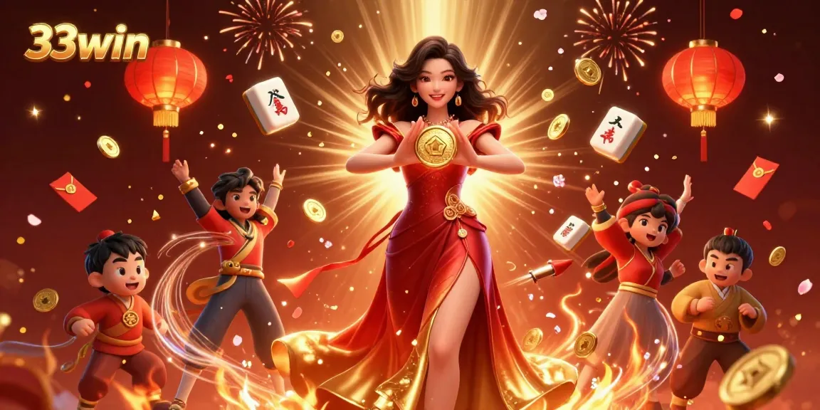 Celebrate your luck with 33win as a beautiful woman holds golden coins, surrounded by rich casino elements.