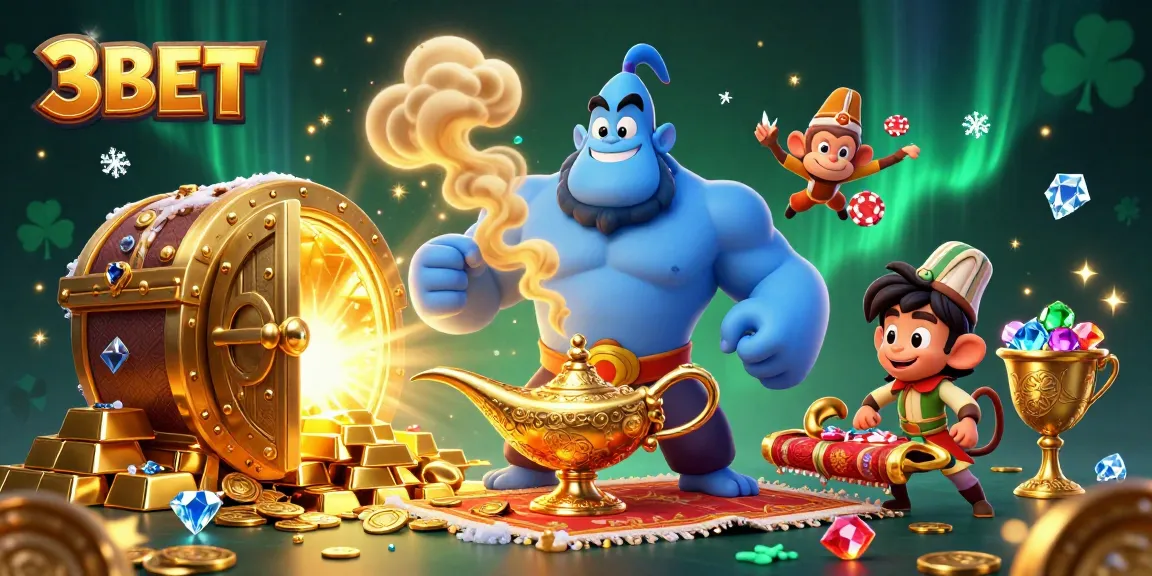 3BET genie emerges from a magic lamp amidst jewels, poker chips, and gambling treasures