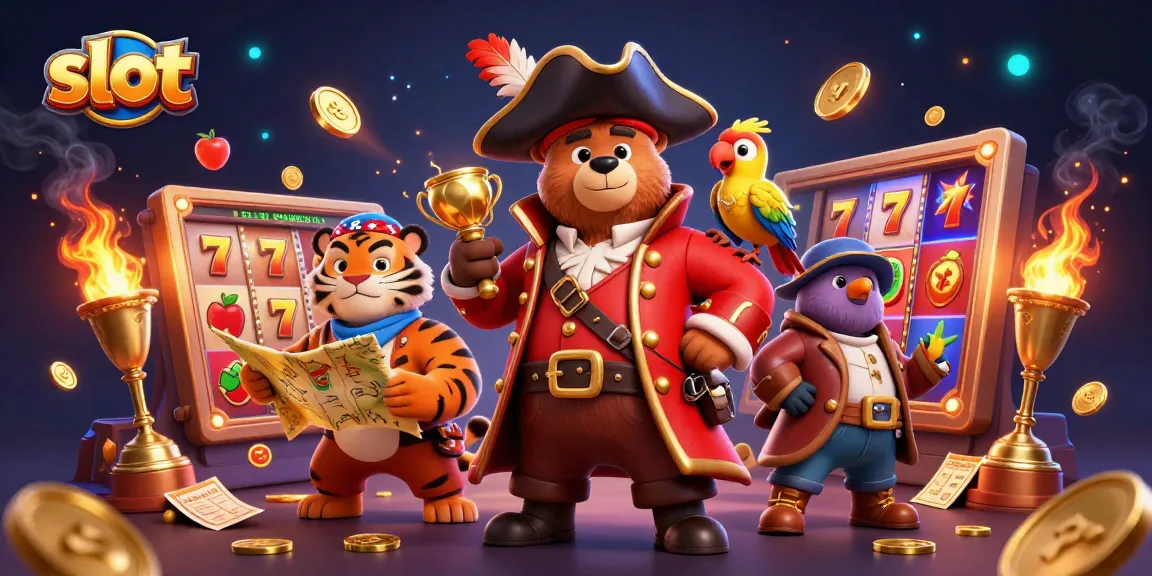 Slot divertido com personagens de cassino, incluindo um urso-pirata e um tigre, rodeados de jackpots e moedas de ouro.