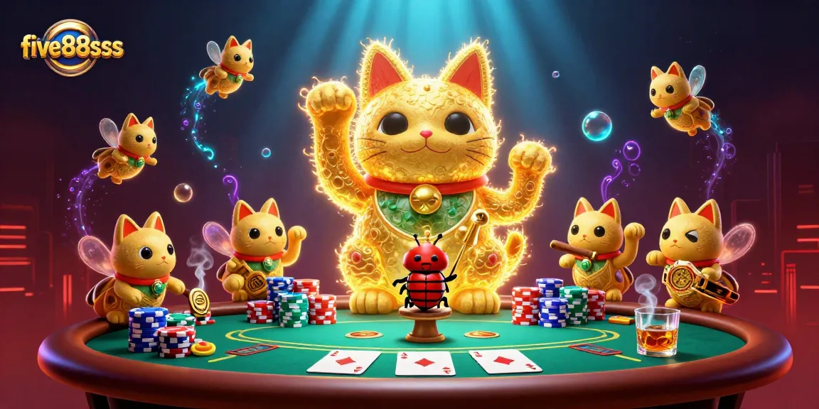 Experience the excitement of five88sss with a stunning visual of a lucky cat and golden fireflies in a dynamic casino setting.