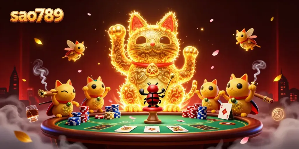 Sao789 showcases a 3D illustration of a lucky cat formed by fireflies amidst vibrant poker game elements.