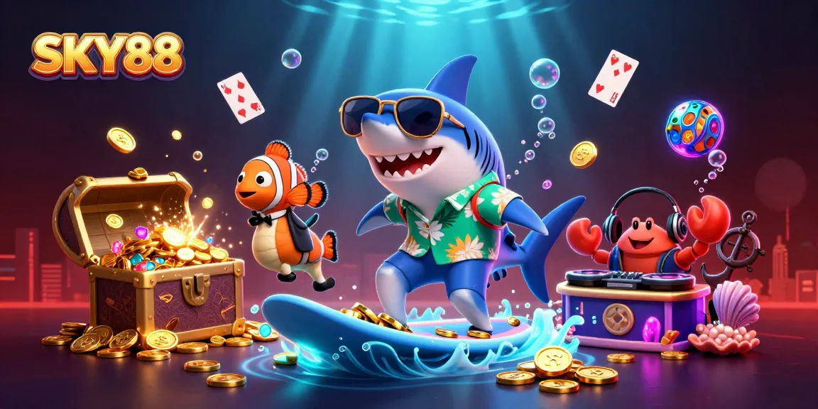 Experience thrilling gaming with SKY88 in a vibrant underwater casino scene.