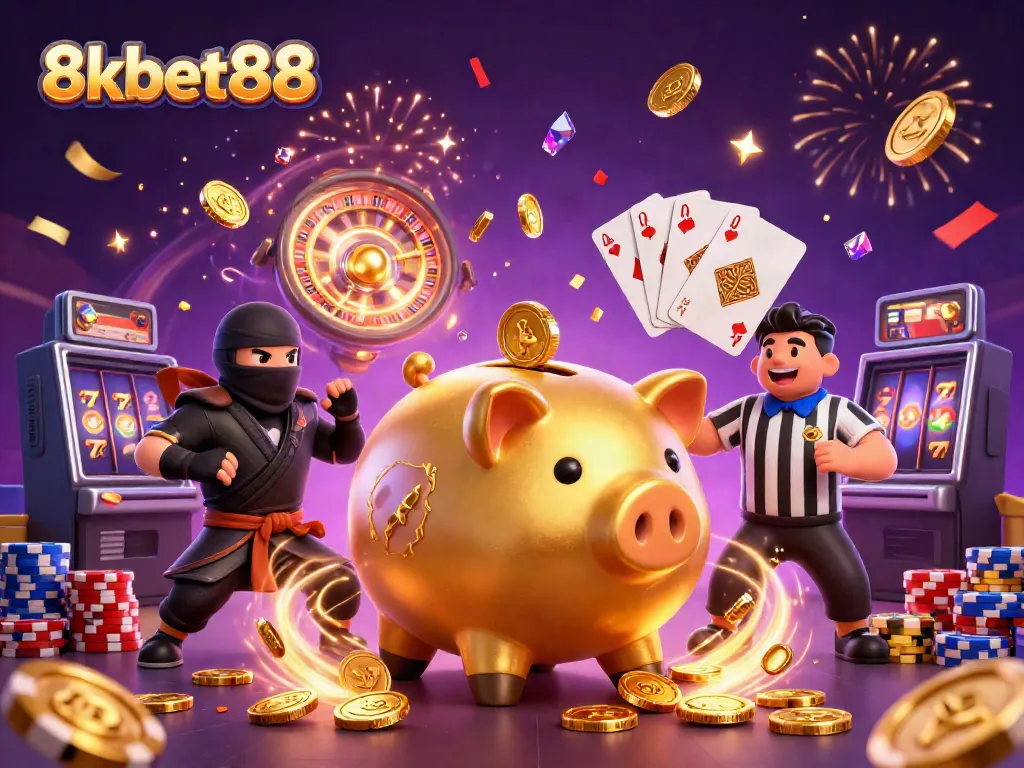 Experience the thrill of 8xbet88 as a golden piggy bank sumo wrestler unleashes coins in this exciting scene.