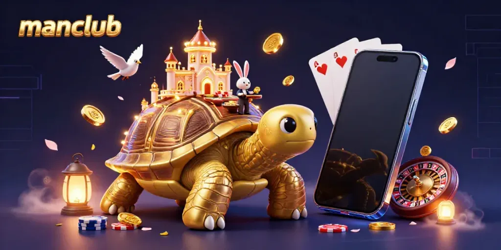 Experience exciting gameplay at manclub with a vibrant tortoise casino and a rabbit dealer amidst flying coins.