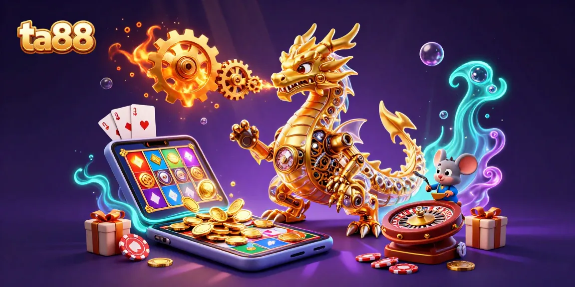 ta88 showcases a captivating casino scene featuring a golden dragon, gaming elements, and vivid colors