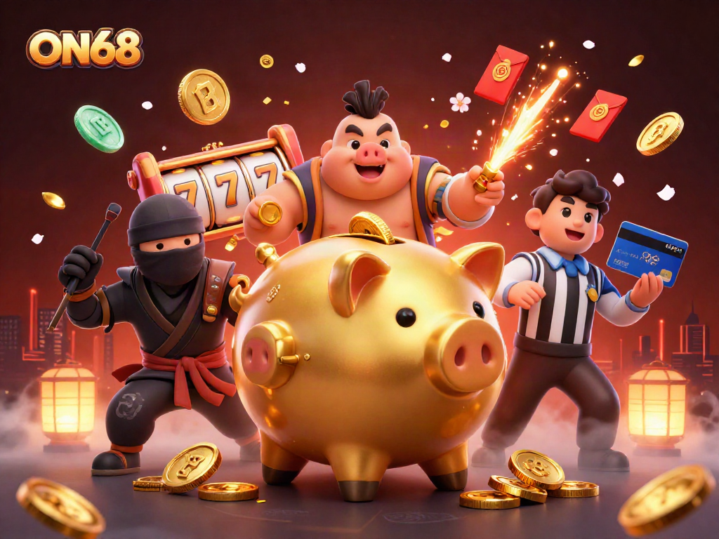 Engage with ON68's vibrant gaming scene featuring a golden piggy bank sumo wrestling amidst lively slot reels!