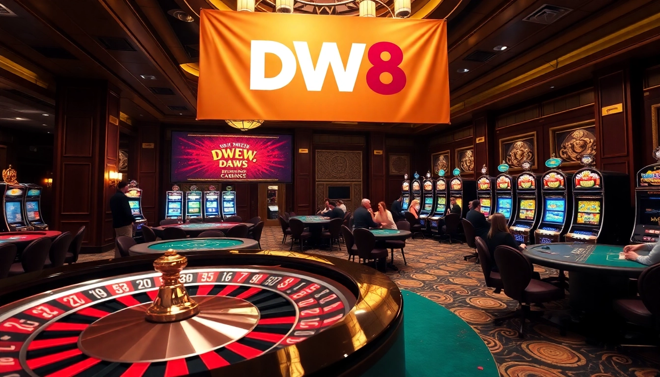 Players enjoy engaging games at the luxurious DW8 casino with vibrant tables and illuminated slots.