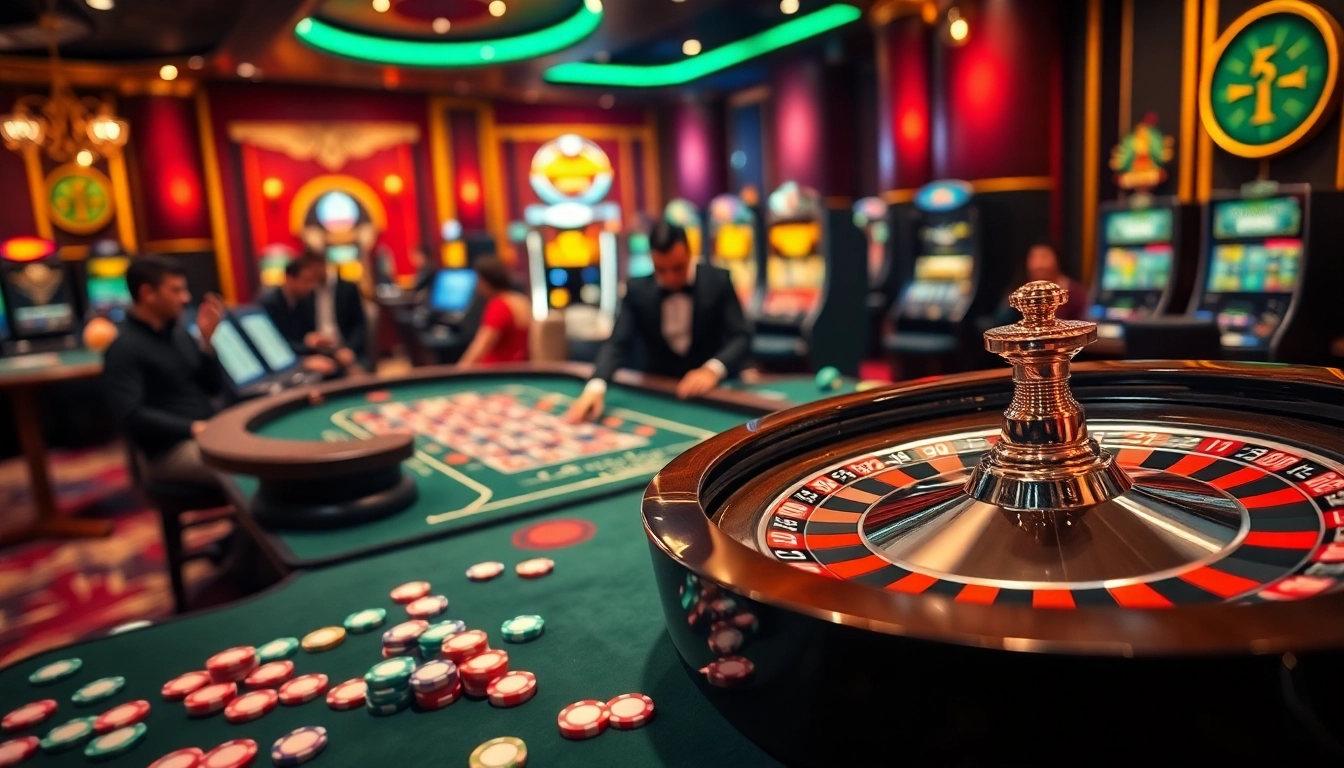 Excited gamblers enjoying their time at Rikbet casino, showcasing roulette, blackjack, and vibrant slot machines.