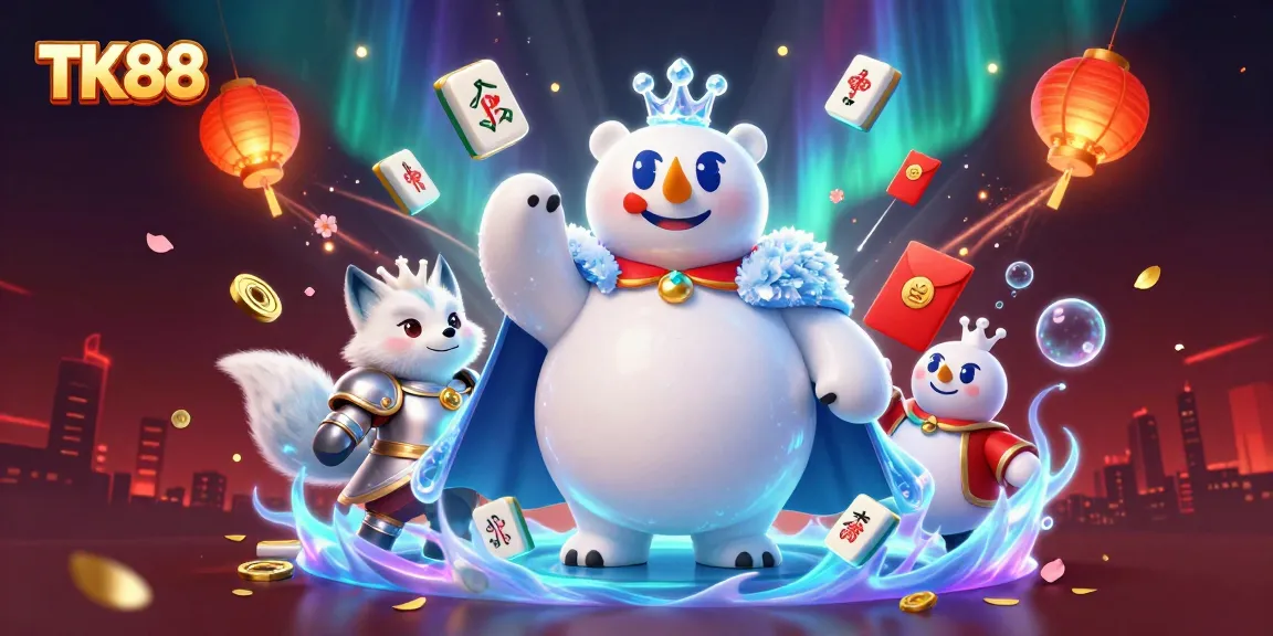 Engage in gaming excitement at TK88 with a dynamic 3D scene featuring a polar bear king and a snow fox in a vibrant casino landscape.