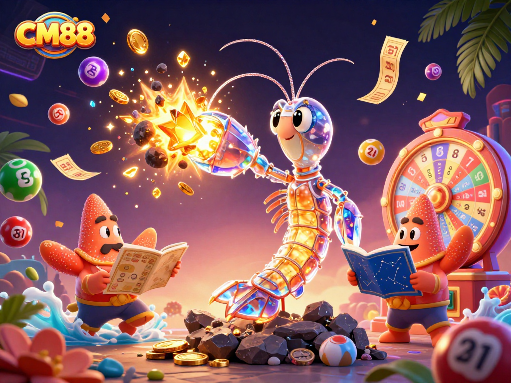 Experience thrilling wins at CM88 with vibrant casino gaming elements bursting around a galactic samurai mantis shrimp.