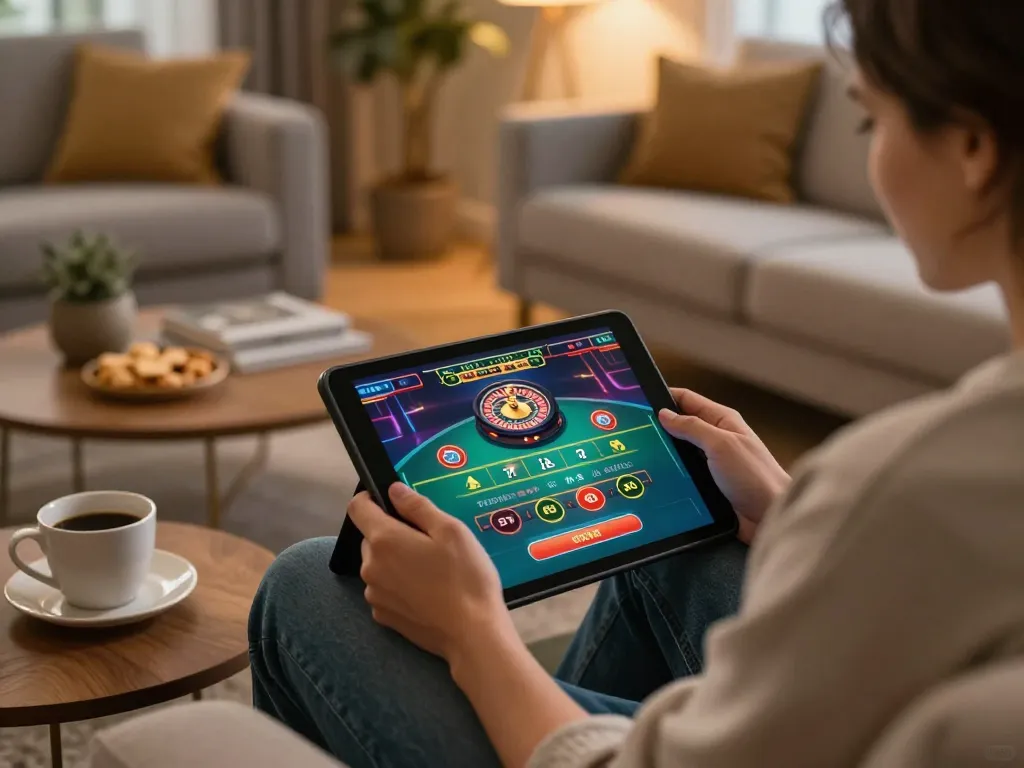 man88 user engaging in online roulette game on tablet, cozy home atmosphere with snacks