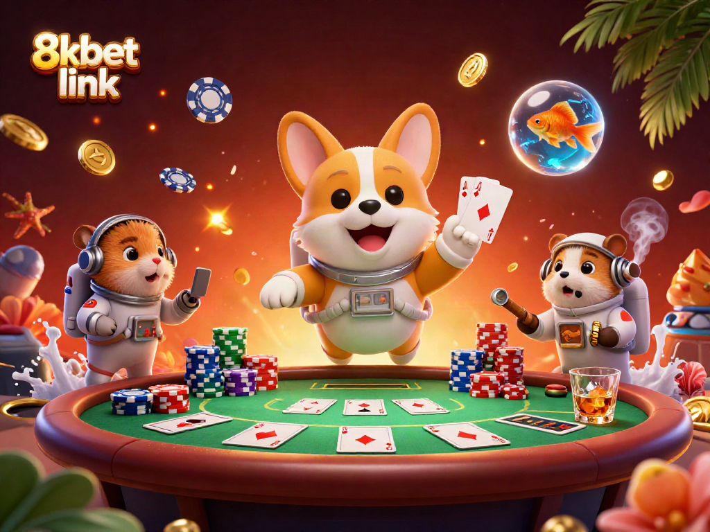 Experience the thrill of the 8xbet link with vibrant action in a cartoon casino scene.