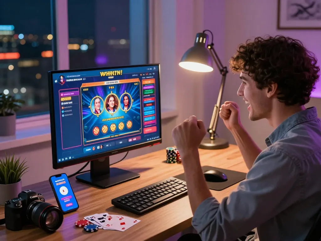 Joyful player celebrating a win on ok365 in a vibrant home office with casino graphics