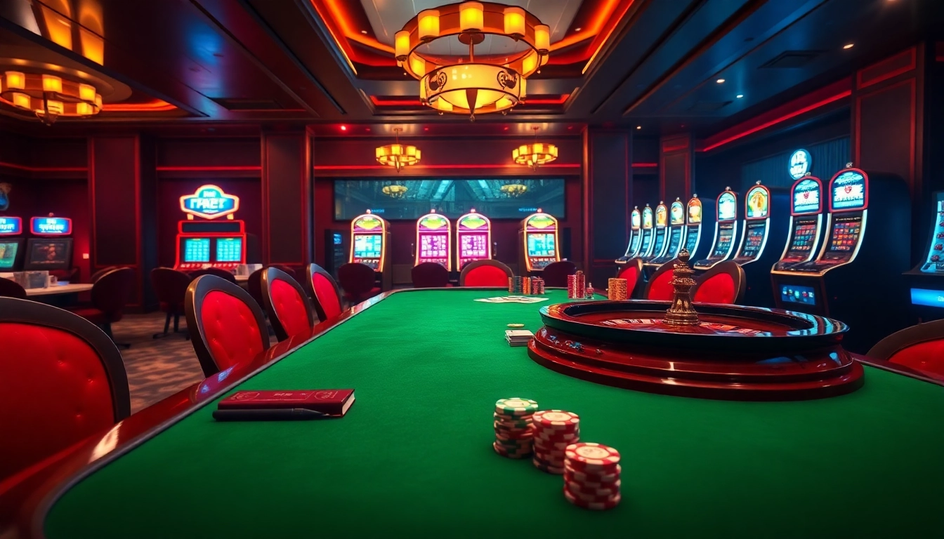 Exciting casino scene showcasing lc 88 betting elements with casino tables, roulette, and poker chips.