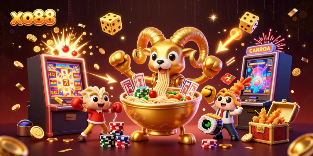 Win big with xo88 at a vibrant online casino scene with giant ramen bowl characters and jackpot excitement.