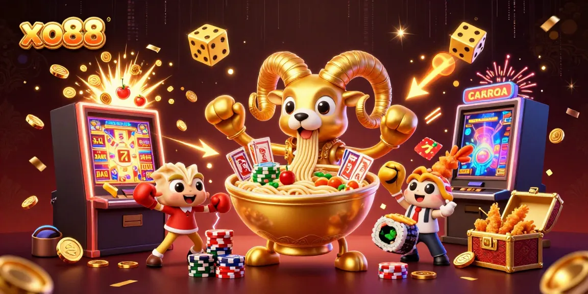 Win big with xo88 at a vibrant online casino scene with giant ramen bowl characters and jackpot excitement.