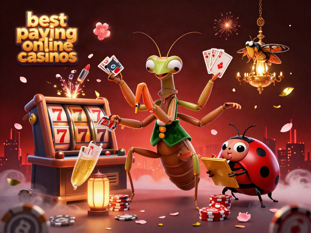 Explore the scene of best paying online casinos with a whimsical praying mantis card sharp and a ladybug pit boss.