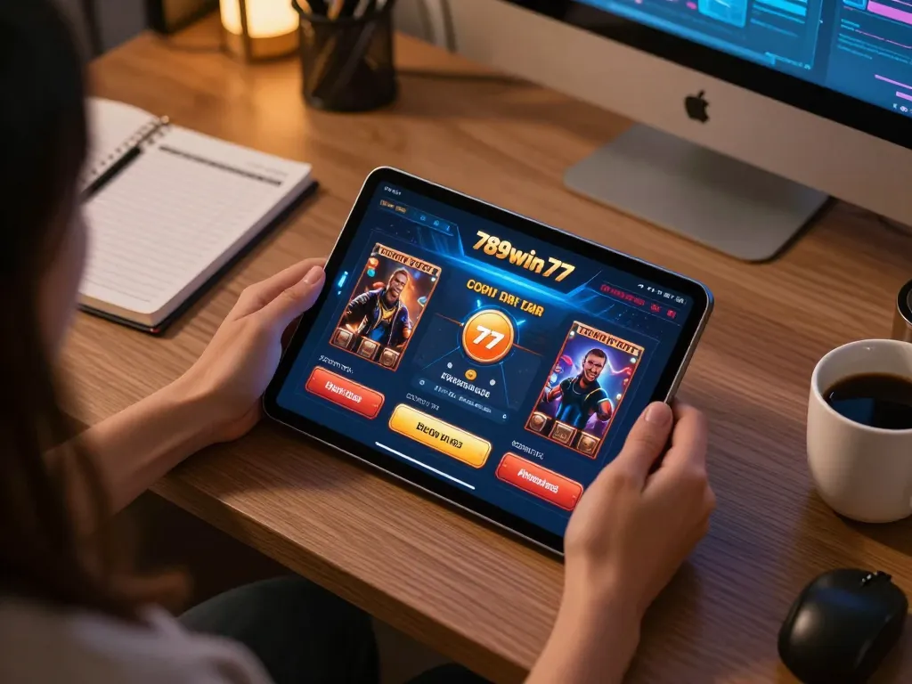 Engaging online gaming setup featuring the 789win77 casino app on a tablet, promoting responsible gambling